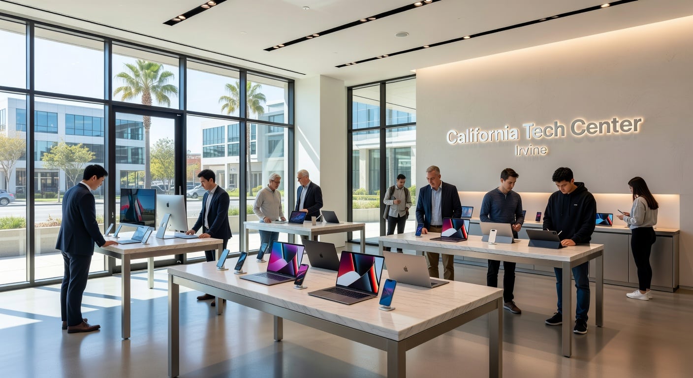 California Tech Center Irvine premium showroom interior with MacBooks, gaming PCs and expert staff